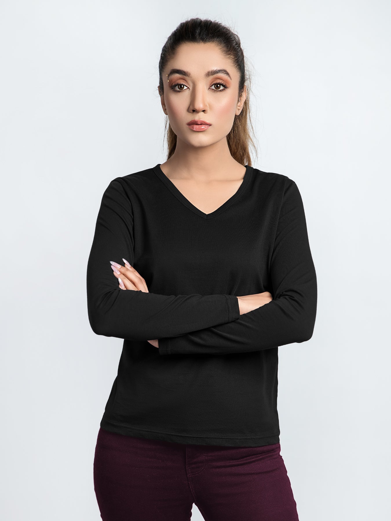 Women V Neck Long Sleeve Tee
